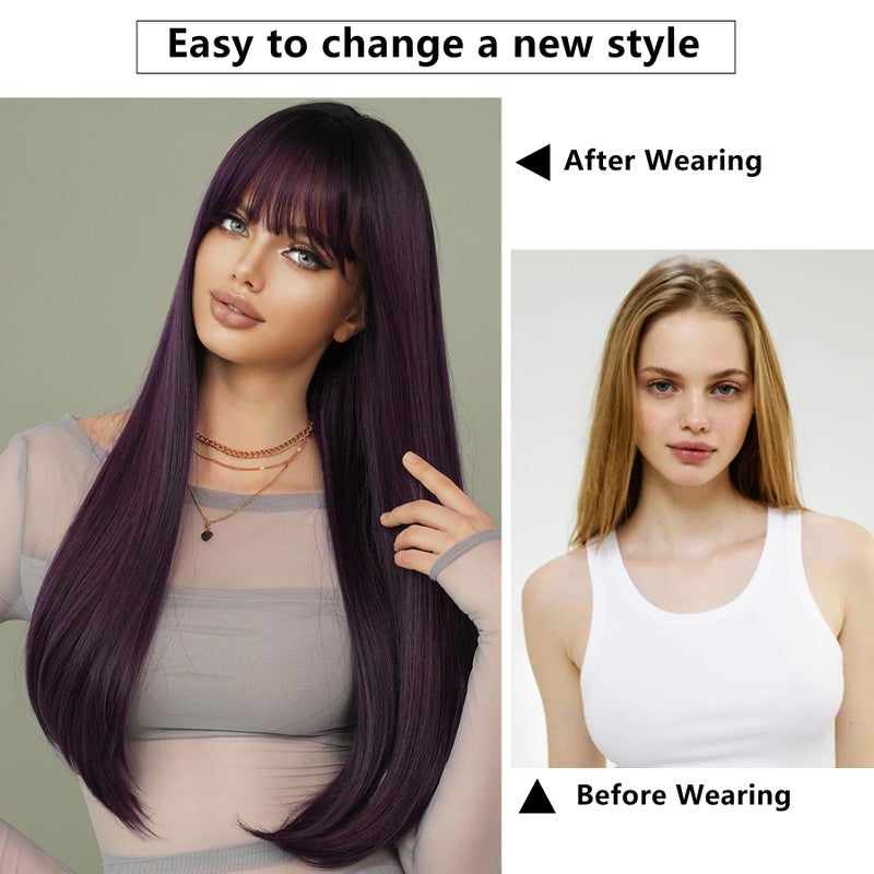 7JHH WIGS Long Straight Dark Purple Wig with Bangs 28in Purple Wig with Black Roots Natural Heat Resistant Fiber Synthetic Red Layered Wigs for Women Girls Holiday Festival Chrismas Daily Party Used - Image 3